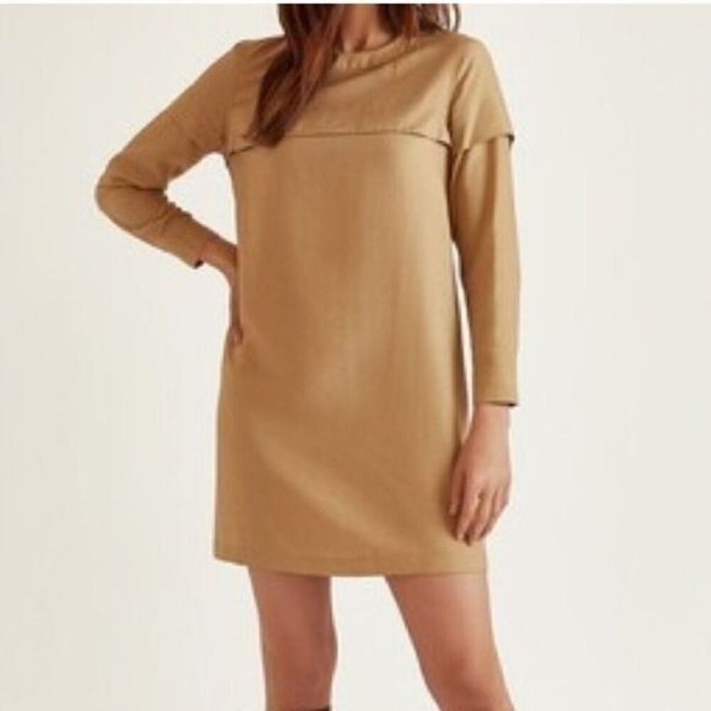 BLDWN Annika Long Sleeve Shift Mini Dress Tan Camel Neutral Womens Med